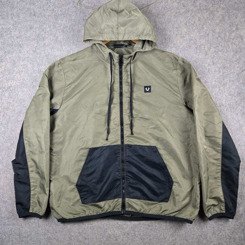True Religion Windbreaker Jacket Mens XL Green Black Full Zip Hooded Streetwear